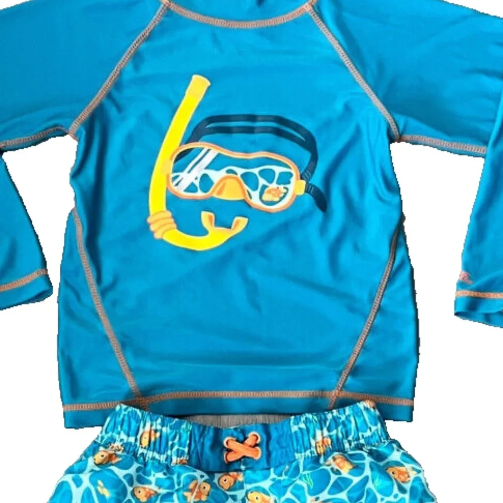 UV Skinz Boys Matching Snorkle Rash Guard Top, Fish Swim Trunks & Hat Size 7